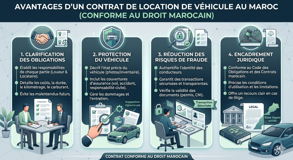 Tableau ou infographie montrant les avantages d’un contrat de location conforme au droit marocain