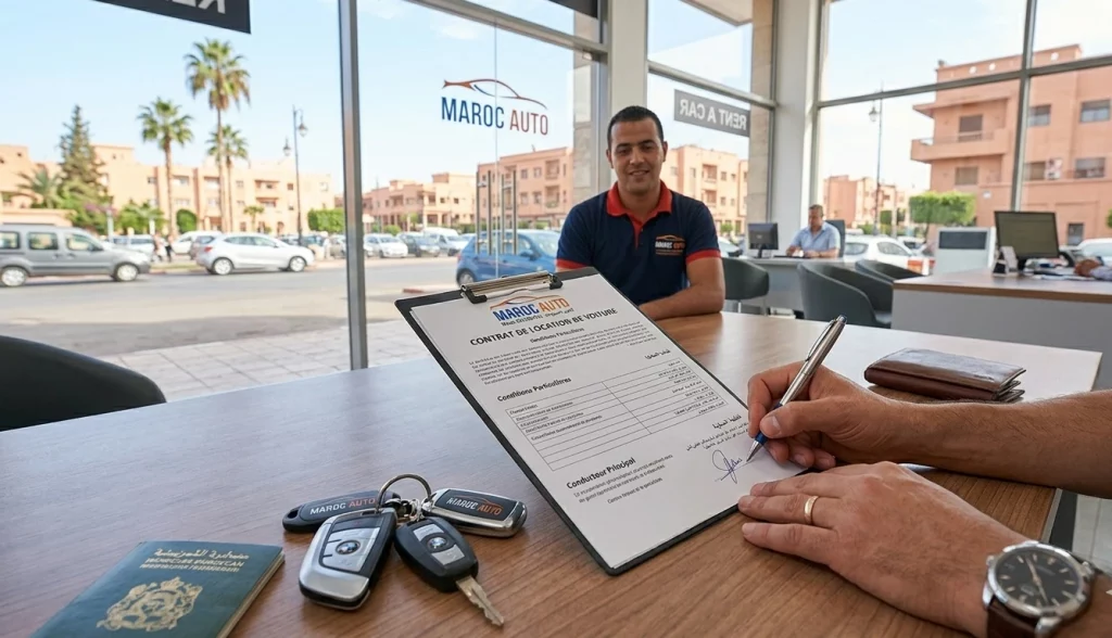 Signature d’un contrat de location de voiture au Maroc avec clés de véhicule