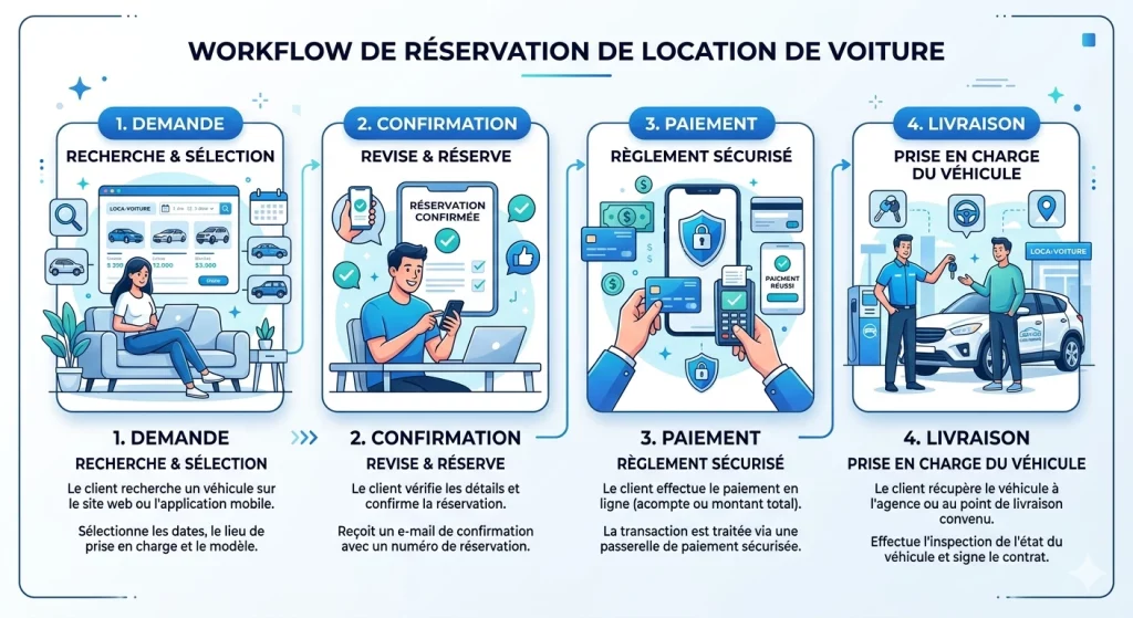 processus de réservation location voiture en 5 étapes