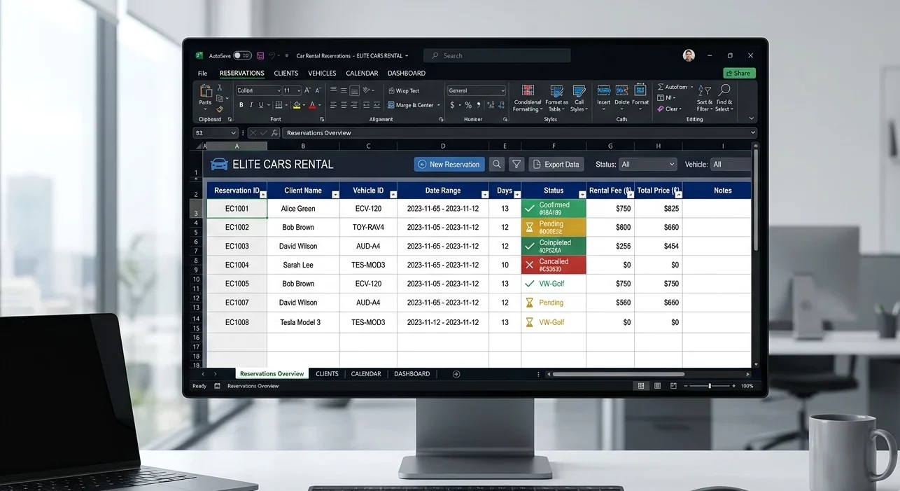tableau réservations location voiture Excel clients dates prix ,Gestion Location de Voitures Excel | XLSX