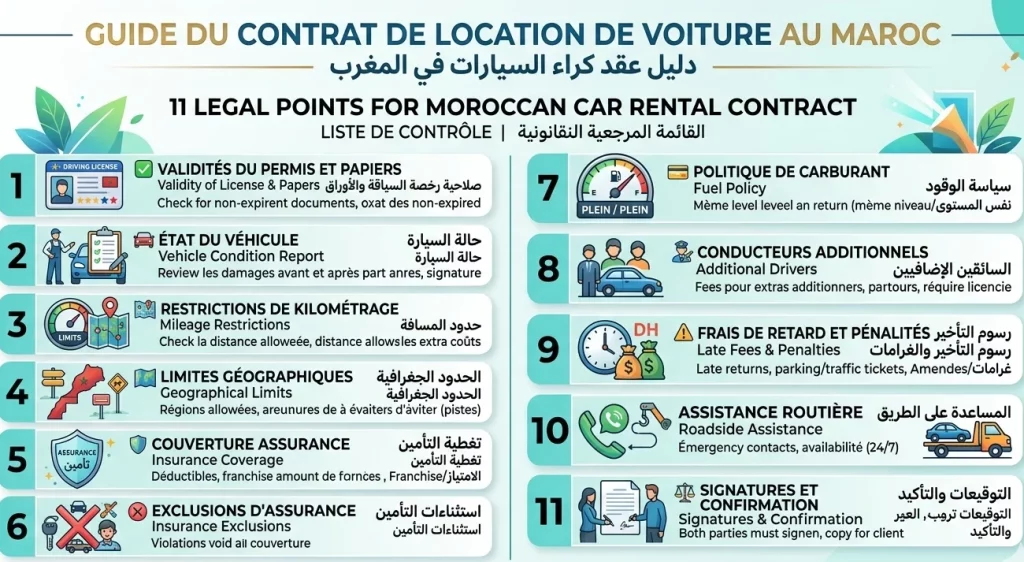 Les clauses obligatoires dans un contrat de location de voiture au Maroc نموذج عقد كراء سيارة قانوني بالمغرب 2026 — PDF مجاني