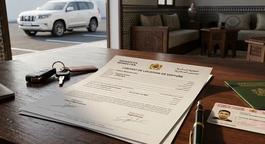 Contrat de location de voiture au Maroc avec clés et documents du client نموذج عقد كراء سيارة قانوني بالمغرب 2026 — PDF مجاني